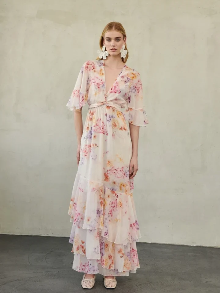 γυναικείο floral καφτάνι erya villy caftan dress σε λευκή βάση με αέρινα βολάν