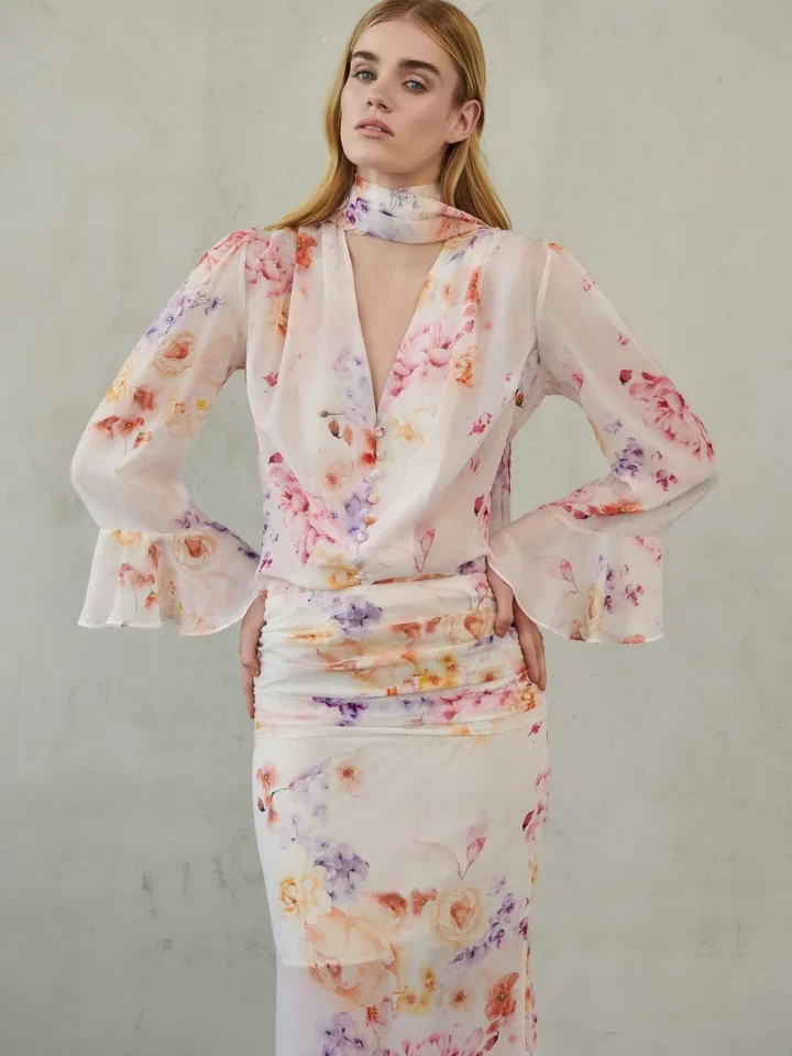 γυναικείο λευκό floral πουκάμισο με ενσωματωμένο φουλάρι erya villy