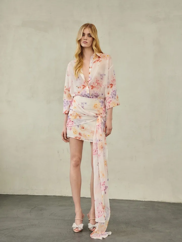 γυναικεία λευκή floral mini φούστα villy knot skirt erya