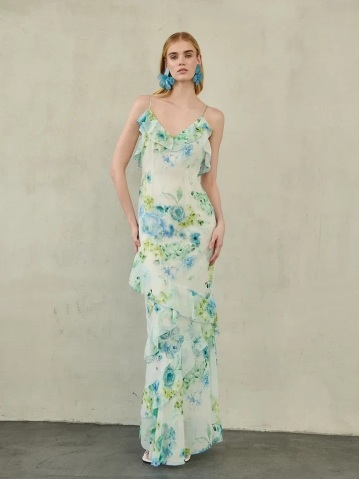 γυναικείο σιέλ floral μακρύ φόρεμα erya zayel open back dress με αέρινα βολάν