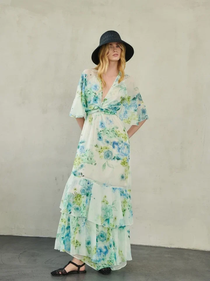 γυναικείο ciel floral καφτάνι erya zayel caftan dress με βολάν και κομψό δέσιμο μπροστά
