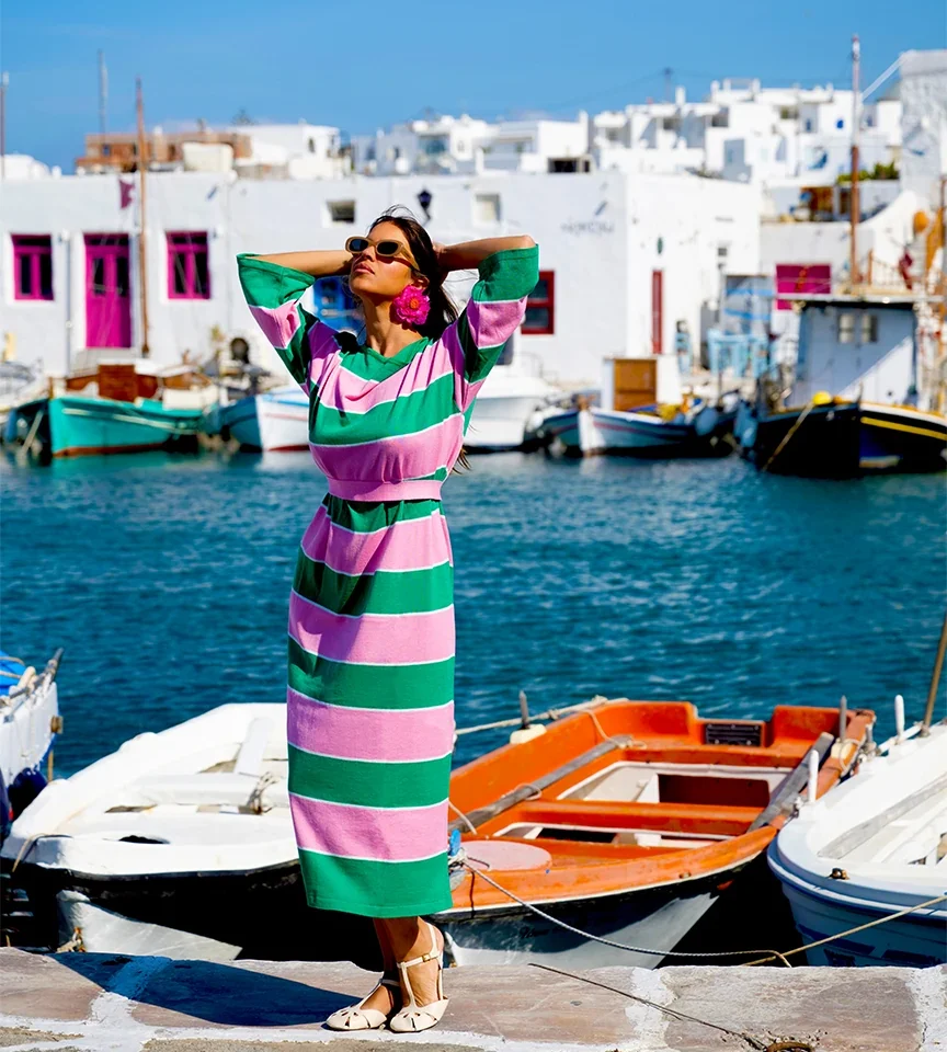 γυναικείο ανάλαφρο πλεκτό φόρεμα sobohemian madison με πράσινες και ροζ ρίγες