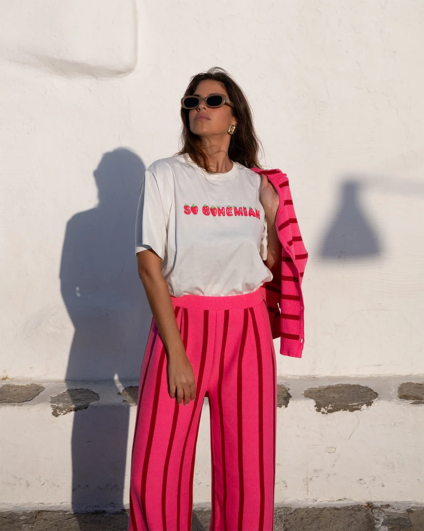 γυναικείο oversized t-shirt από 100% οργανικό βαμβάκι με διακοσμητική στάμπα sobohemian alex t-shirt strawberry