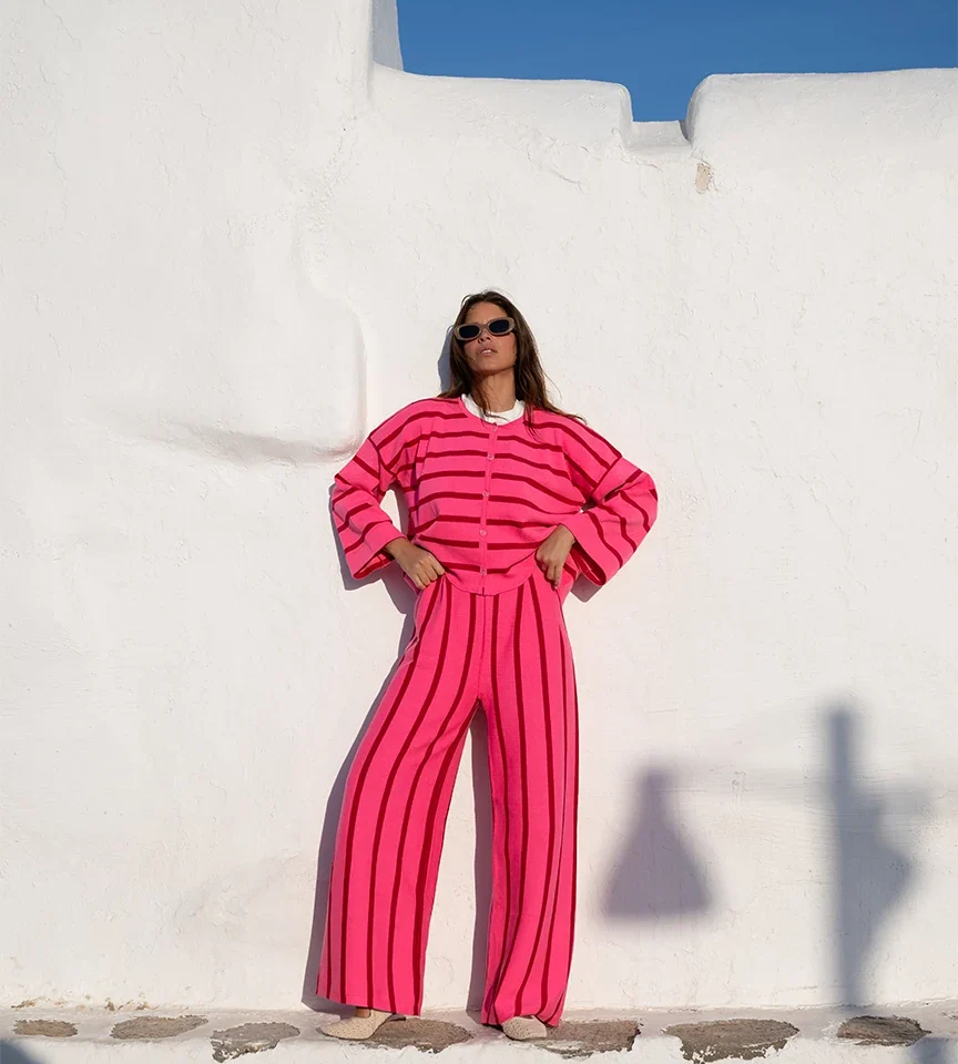 γυναικεία πλεκτή ζακέτα sobohemian rose με ζωηρές φούξια ρίγες