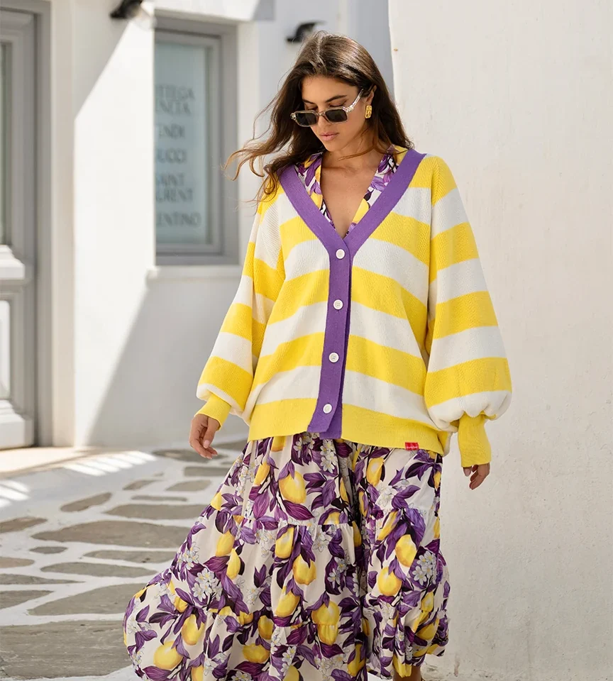 γυναικεία πλεκτή ζακέτα sobohemian jays με κίτρινες και λευκές ρίγες σε oversize γραμμή