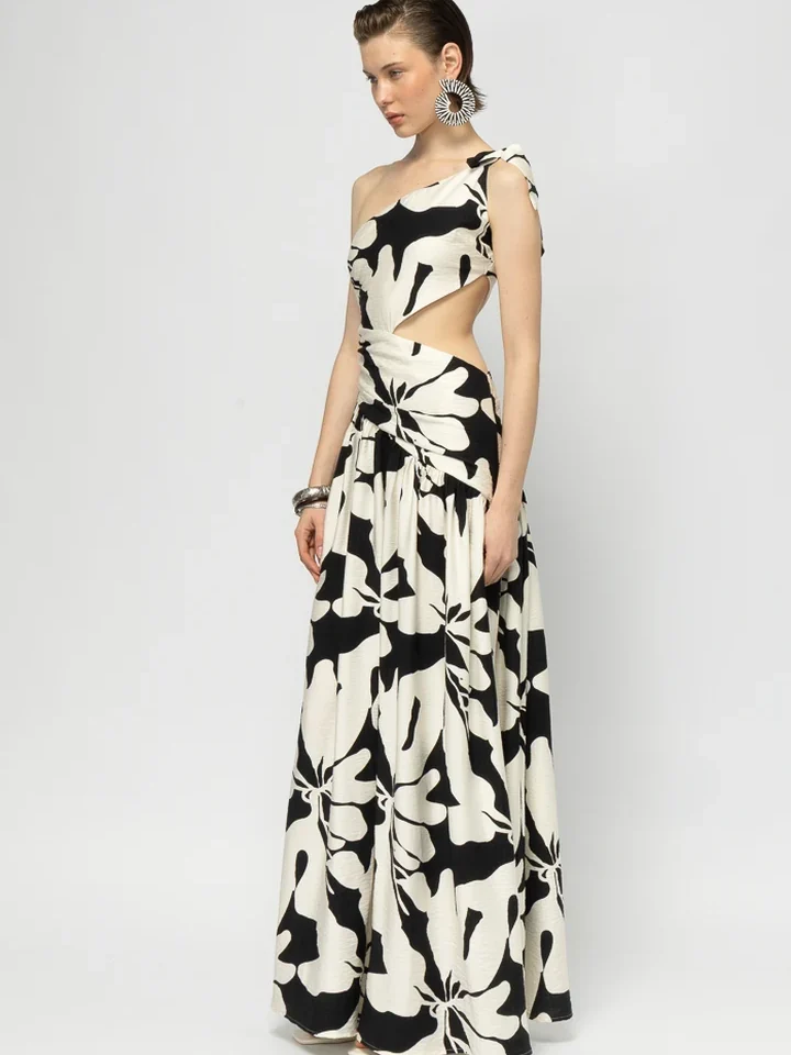 γυναικείο μάξι φόρεμα με έναν ώμο mallory the label la palma dress σε εντυπωσιακό ασπρόμαυρο print