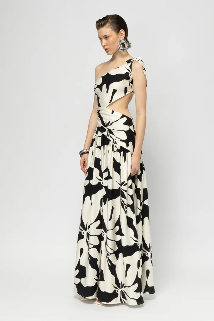 γυναικείο μάξι φόρεμα με έναν ώμο mallory the label la palma dress σε εντυπωσιακό ασπρόμαυρο print