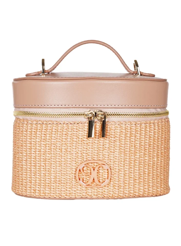 γυναικεία χειροποίητη ψάθινη τσάντα la chaine marceline με απαλό ροζ δέρμα