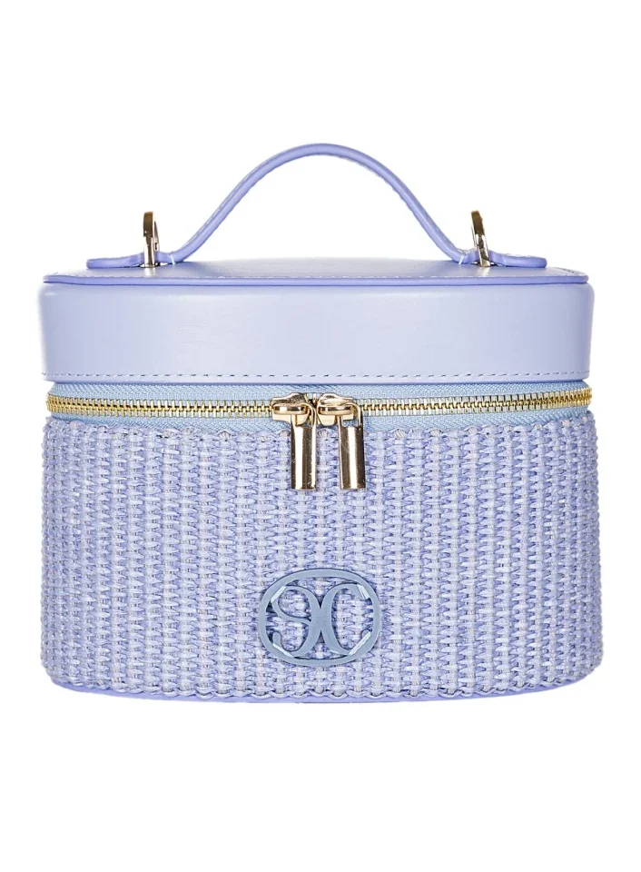 γυναικεία χειροποίητη ψάθινη τσάντα la chaine marceline με μπλε δέρμα