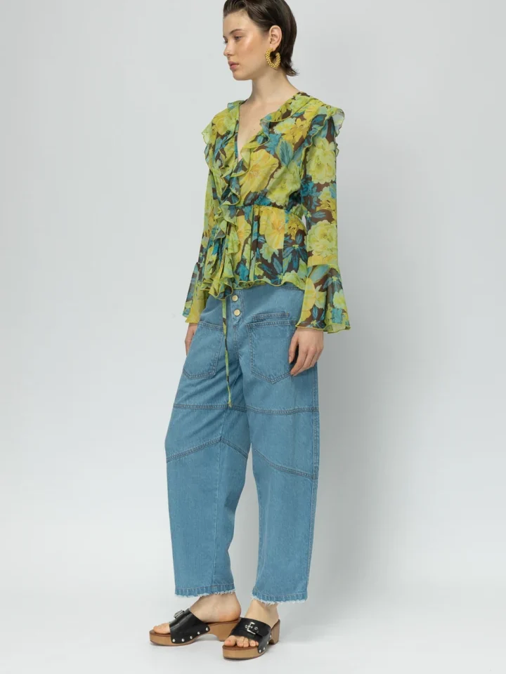 γυναικείο ημιδιάφανο τοπ mallory the label passionfruit με floral μοτίβο και βολάν