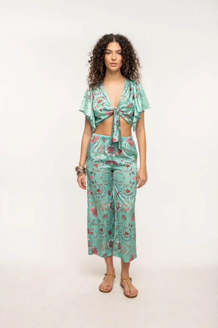 γυναικείο ανάλαφρο σατέν παντελόνι με floral mint μοτίβο και boxy εφαρμογή typelove floral mint aura pants