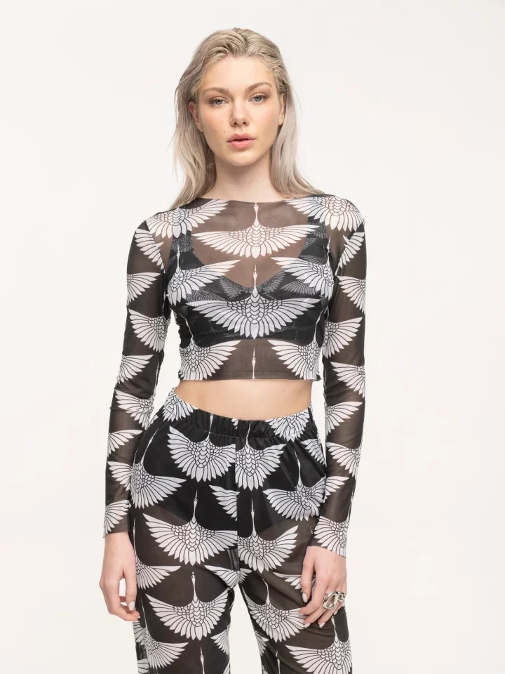 γυναικείο μακρυμάνικο mesh top με εφαρμοστή γραμμή που αγκαλιάζει το σώμα typelove black cranes aeris