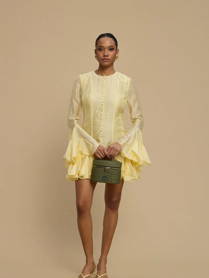 LA CHAINE γυναικείο κίτρινο mini φόρεμα solea dress με πλισέ λεπτομέρειες