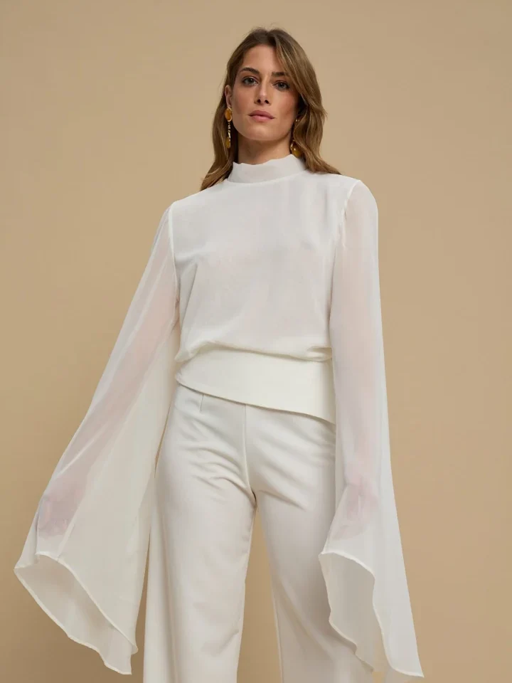 γυναικείο λευκό αέρινο τοπ la chaine gaia με ψηλό λαιμό και ριχτά μανίκια