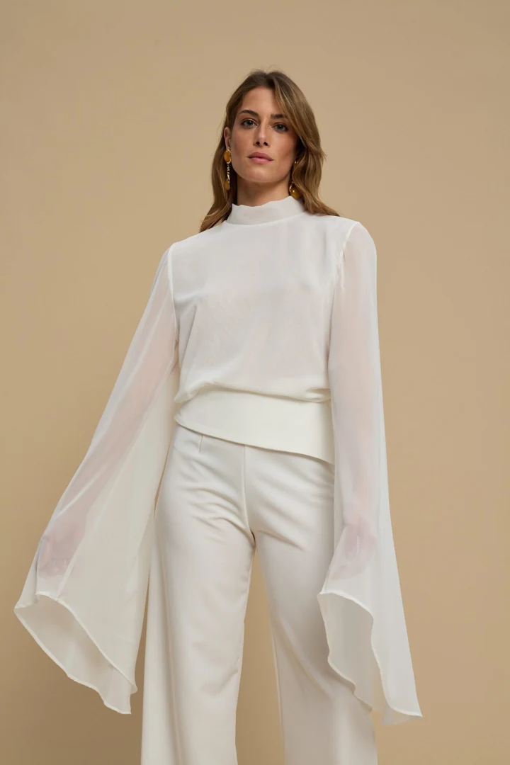 γυναικείο λευκό αέρινο τοπ la chaine gaia με ψηλό λαιμό και ριχτά μανίκια