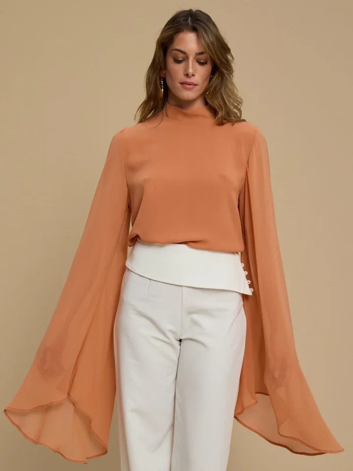 γυναικείο ροδακινί αέρινο τοπ la chaine gaia με ψηλό λαιμό και ριχτά μανίκια