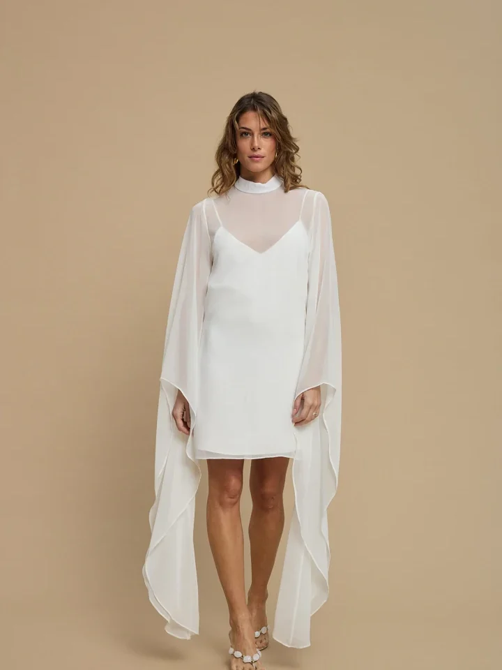 λευκό αέρινο mini φόρεμα la chaine almea με κάπα σε στρώσεις