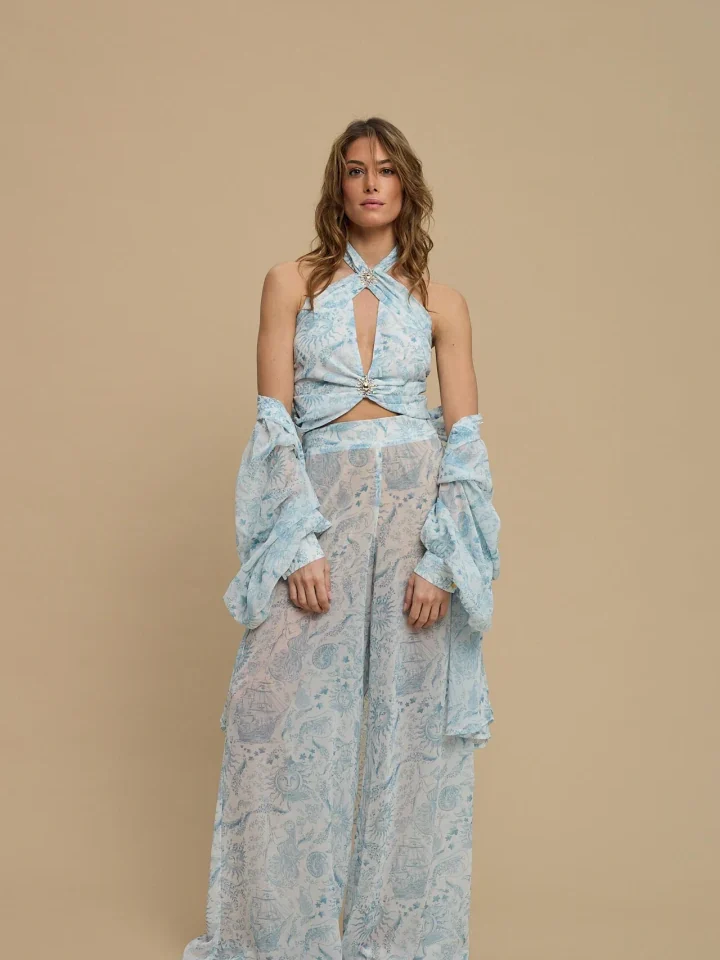 γυναικείο ημιδιάφανο resort τοπ la chaine ammoudia top vintage blue φορεμένο ως σετ