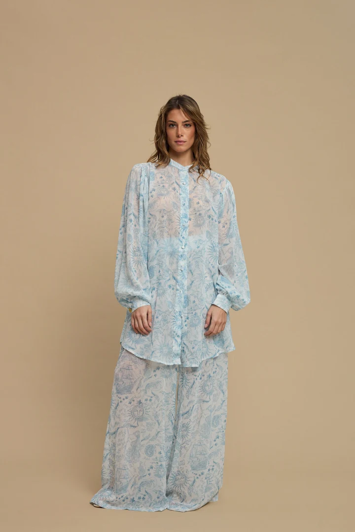resort παντελόνι με wide leg fit και limited edition print la chaine ammoudia vintage blue