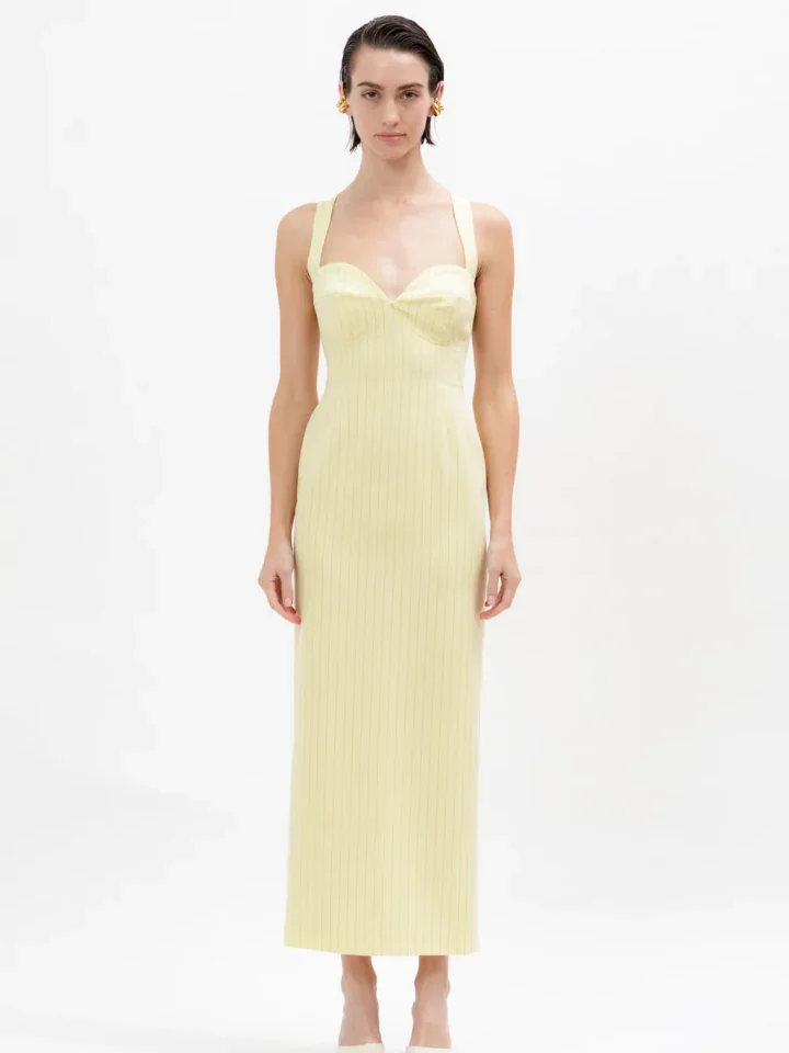 γυναικείο midi ριγέ φόρεμα a piece of me ines dress σε banana yellow χρώμα