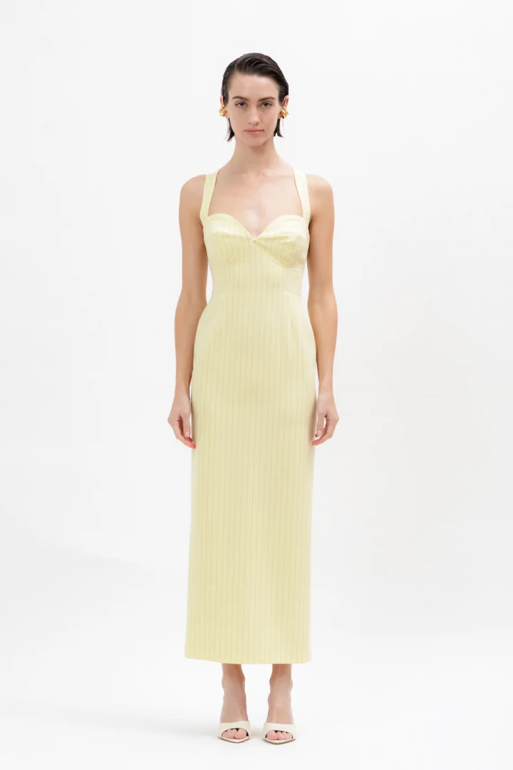 γυναικείο midi ριγέ φόρεμα a piece of me ines dress σε banana yellow χρώμα