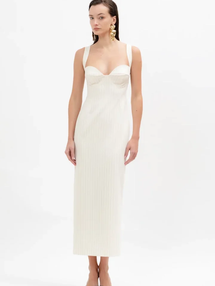 γυναικείο off white midi ριγέ φόρεμα a piece of me ines dress με εντυπωσιακό μπούστο