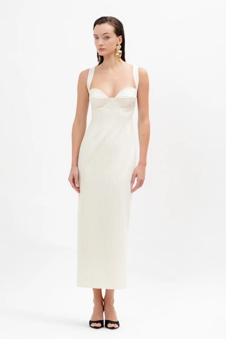 γυναικείο off white midi ριγέ φόρεμα a piece of me ines dress με εντυπωσιακό μπούστο
