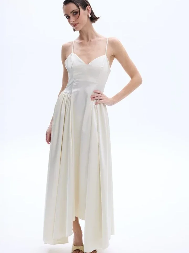 γυναικείο ιβουάρ σατέν φόρεμα be a bee denise dress ivory με ντραπέ ντεκολτέ και λεπτές τιράντες