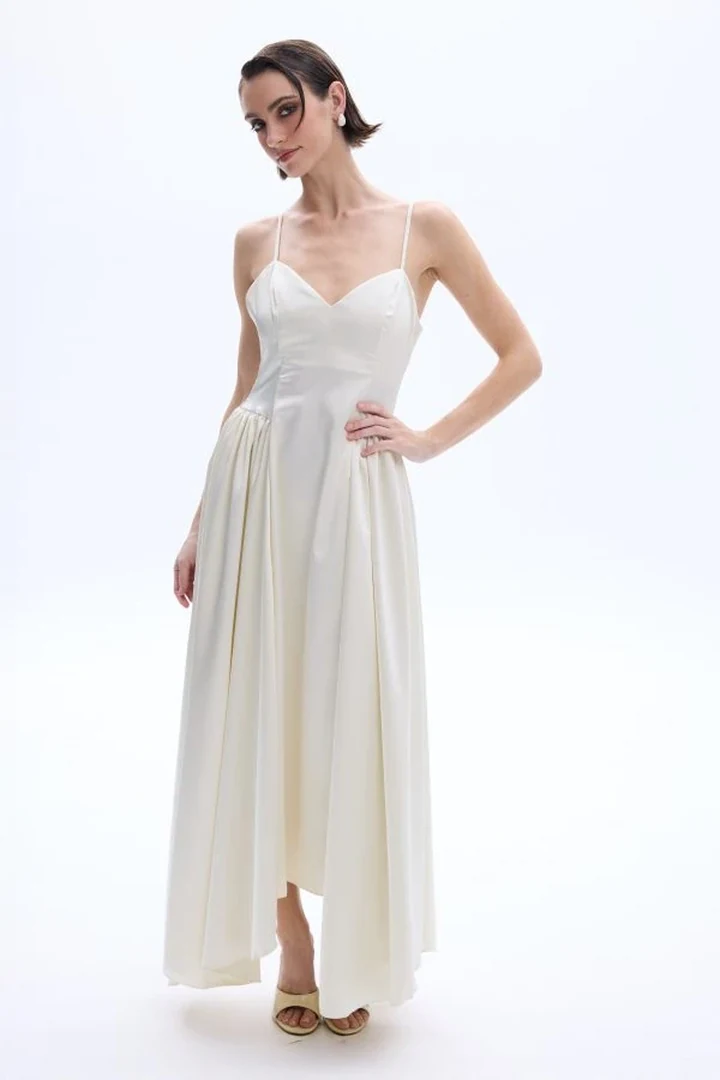 γυναικείο ιβουάρ σατέν φόρεμα be a bee denise dress ivory με ντραπέ ντεκολτέ και λεπτές τιράντες