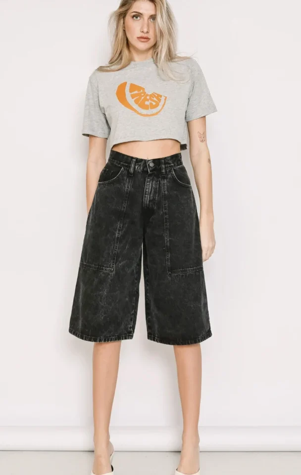γυναικεία ψηλόμεση relaxed denim βερμούδα σε wide leg γραμμή salt and pepper elda vintage black