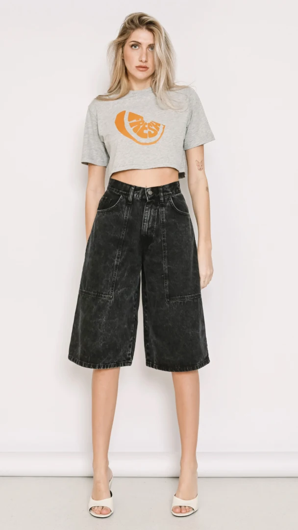 γυναικεία ψηλόμεση relaxed denim βερμούδα σε wide leg γραμμή salt and pepper elda vintage black
