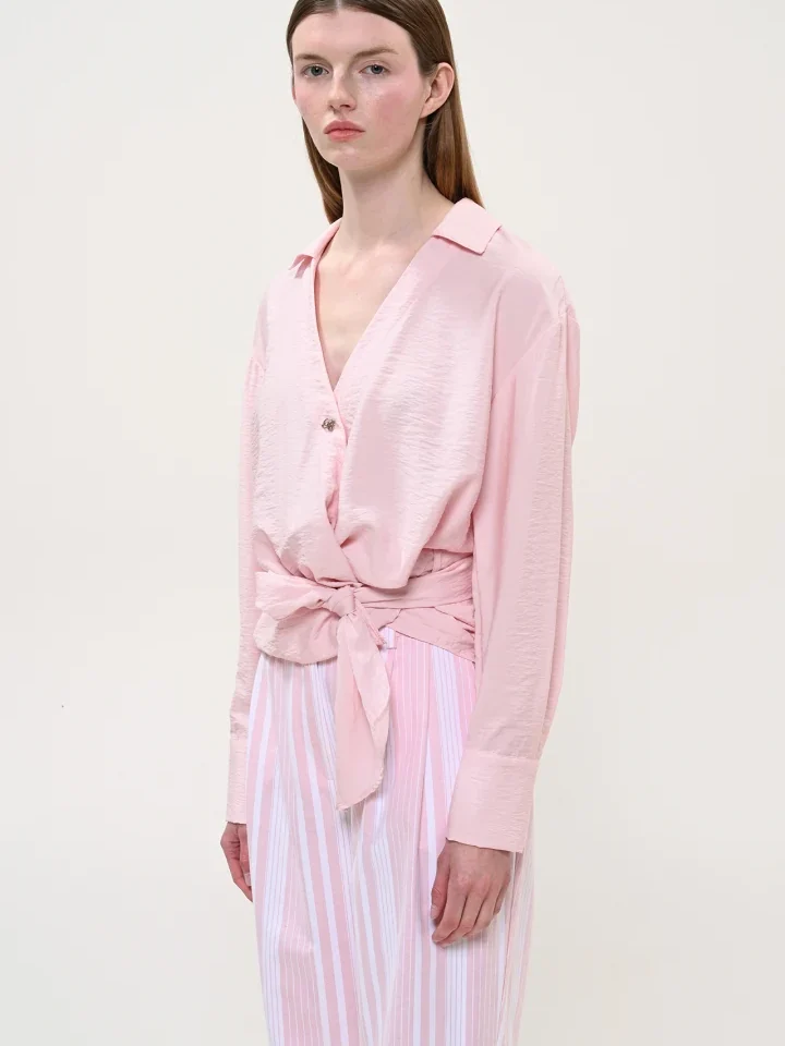 γυναικείο ροζ πουκάμισο με δέσιμο στη μέση boom stripes pink shirt