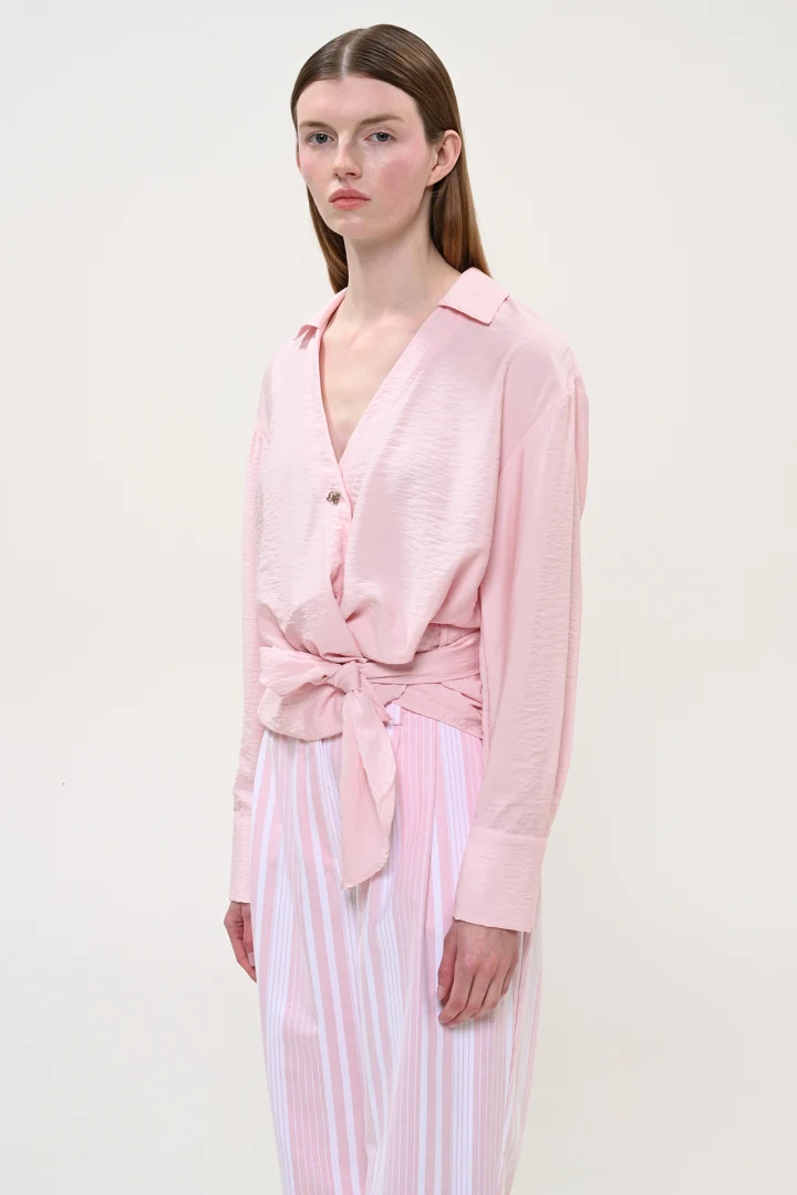 γυναικείο ροζ πουκάμισο με δέσιμο στη μέση boom stripes pink shirt