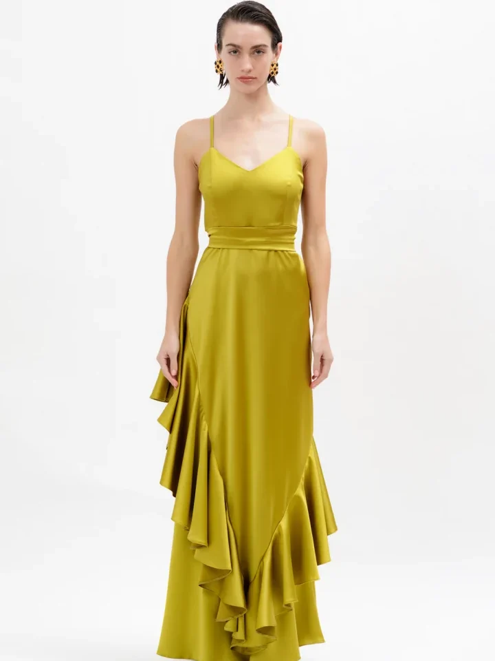 γυναικείο λαδί maxi φόρεμα a piece of me stella olive σε στενή γραμμή με ζώνη