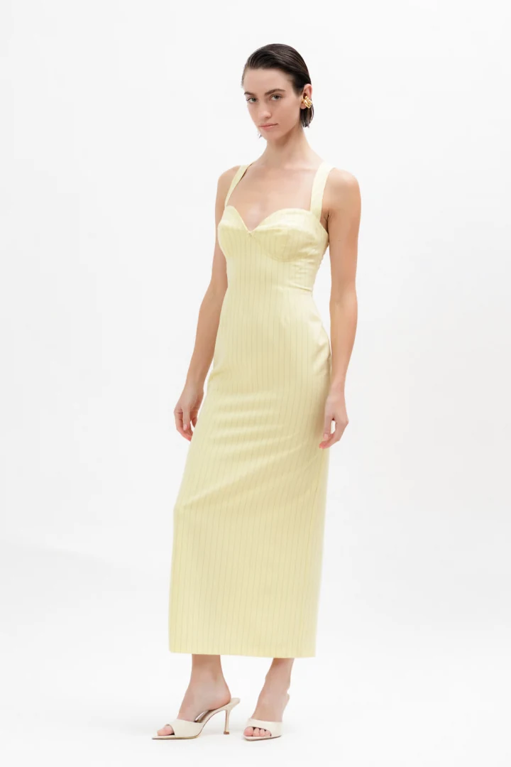 a-piece-of-me-ines-dress-banana-yellow κομψό στενό κίτρινο φόρεμα με εντυπωσιακό μπούστο και άνετη εφαρμογή
