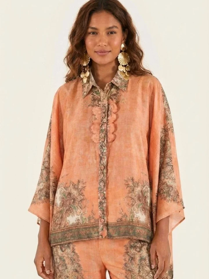 γυναικεία ροδακινί μπαρόκ πουκαμίσα amosa με κομψό γιακά με βολάν