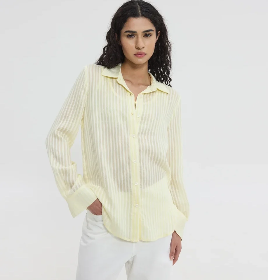 sunsetgo lucida semi-sheer shirt γυναικείο κίτρινο ημιδιάφανο πουκάμισο με κουμπιά ελαφρύ ύφασμα viscose modal