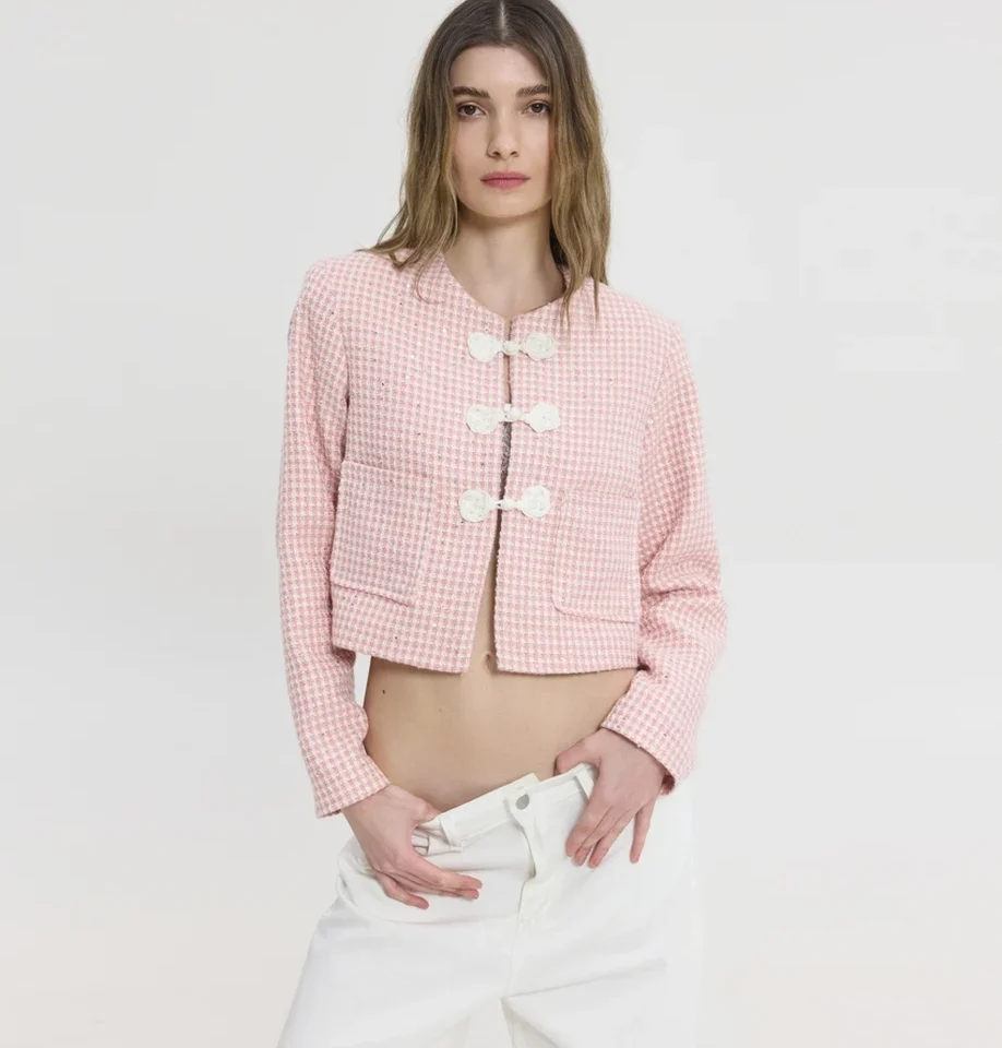 γυναικείο ροζ τουίντ σακάκι sunsetgo lucie jacket με κομψές βάτες