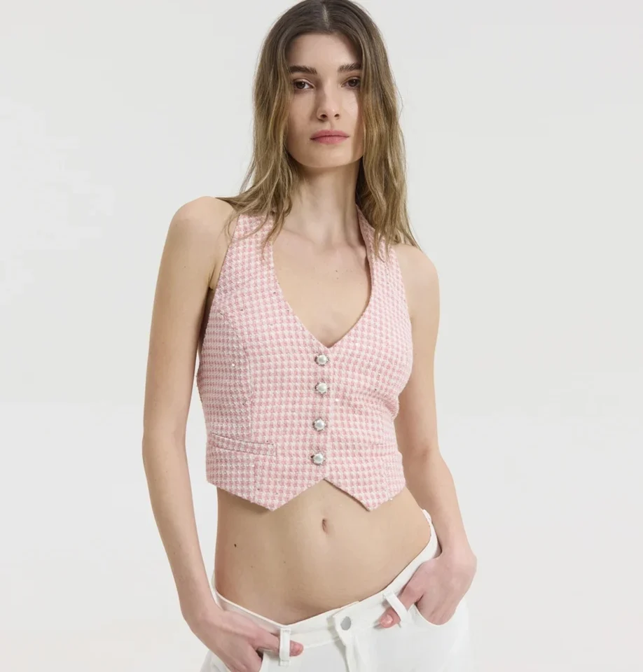 γυναικείο ροζ τουίντ γιλέκο sunsetgo lucie vest με ανοιχτή πλάτη