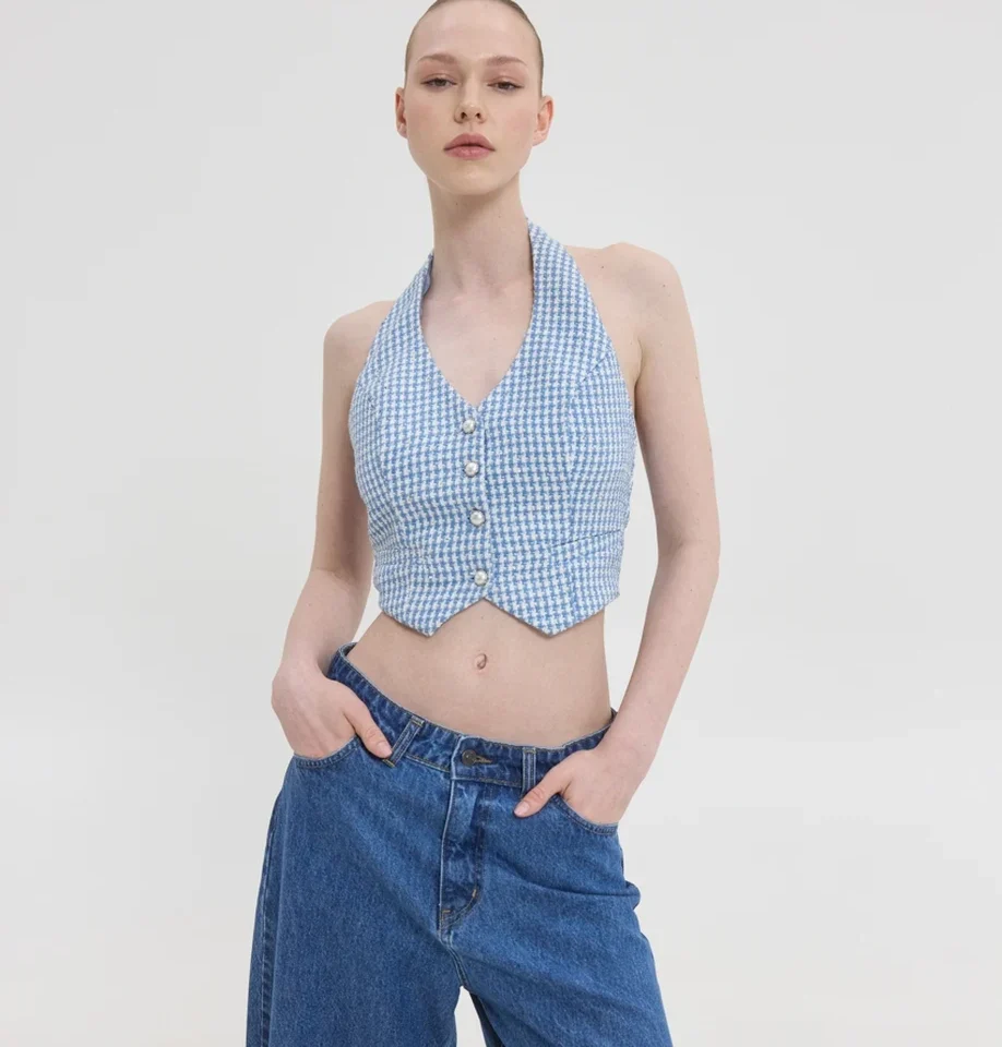 γυναικείο γαλάζιο τουίντ γιλέκο sunsetgo lucie vest με ανοιχτή πλάτη