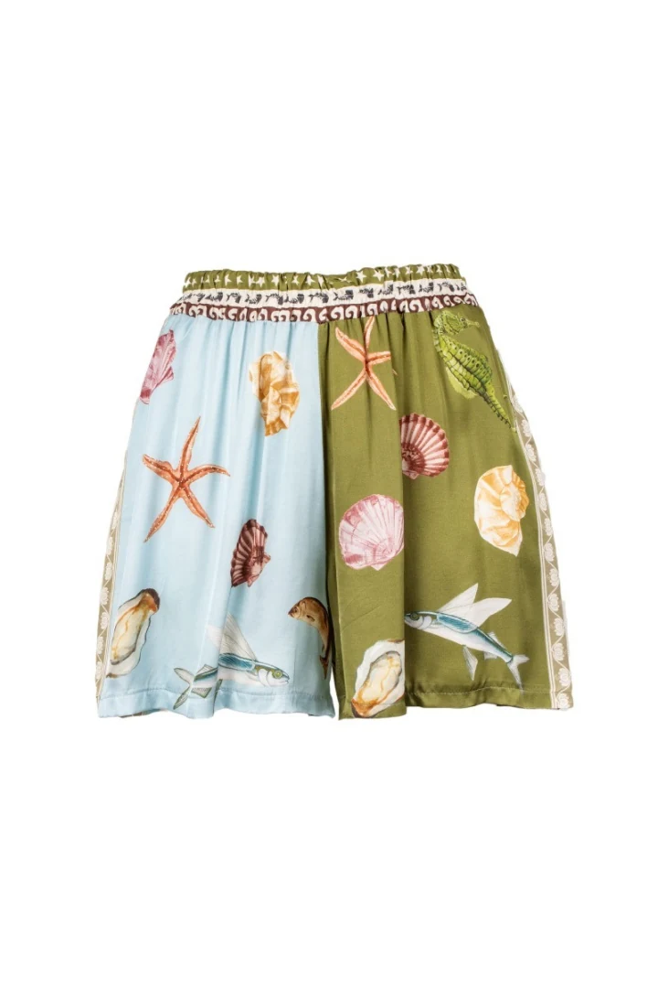 ODI ODI Αέρινο σύνολο με coastal print - δίχρωμο color-block σορτς σε γαλάζιο και λαδί με coastal print και άνετο λάστιχο στη μέση