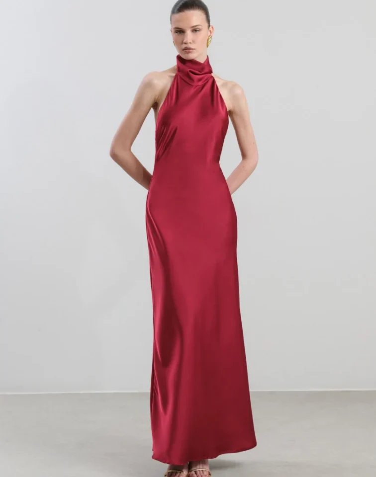 γυναικείο μακρύ σατέν φόρεμα με halter ντεκολτέ nash marisa merlot dress