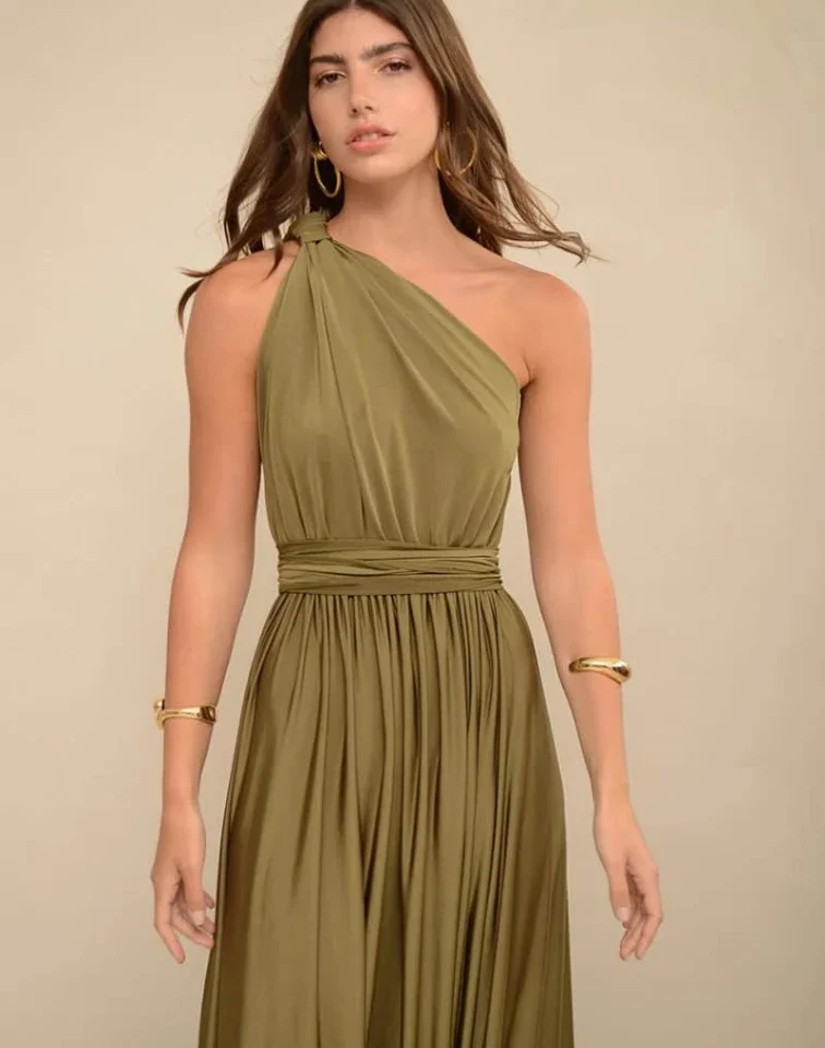 γυναικείο λαδί maxi φόρεμα nash artemis με έναν ώμο για επίσημες εμφανίσεις