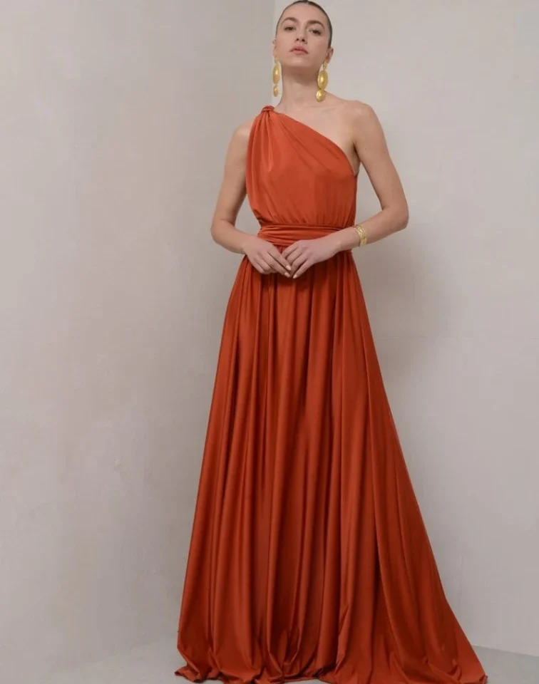 γυναικείο πορτοκαλί maxi φόρεμα nash artemis burned peach με έναν ώμο για επίσημες εμφανίσεις