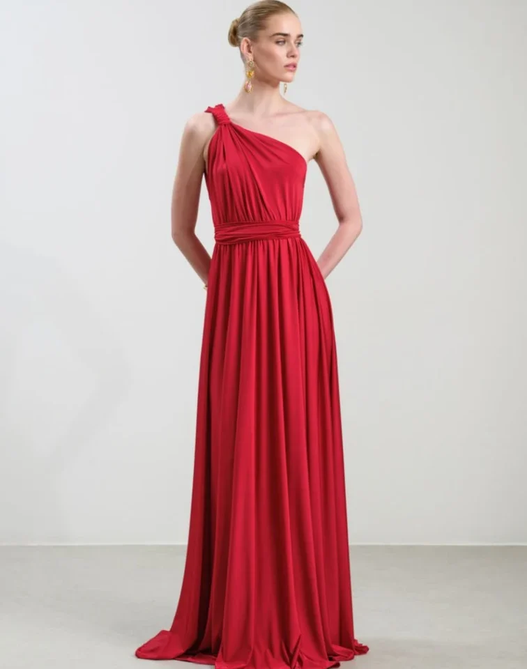 γυναικείο κόκκινο maxi φόρεμα nash artemis passion red με έναν ώμο για σαγηνευτικές επίσημες εμφανίσεις