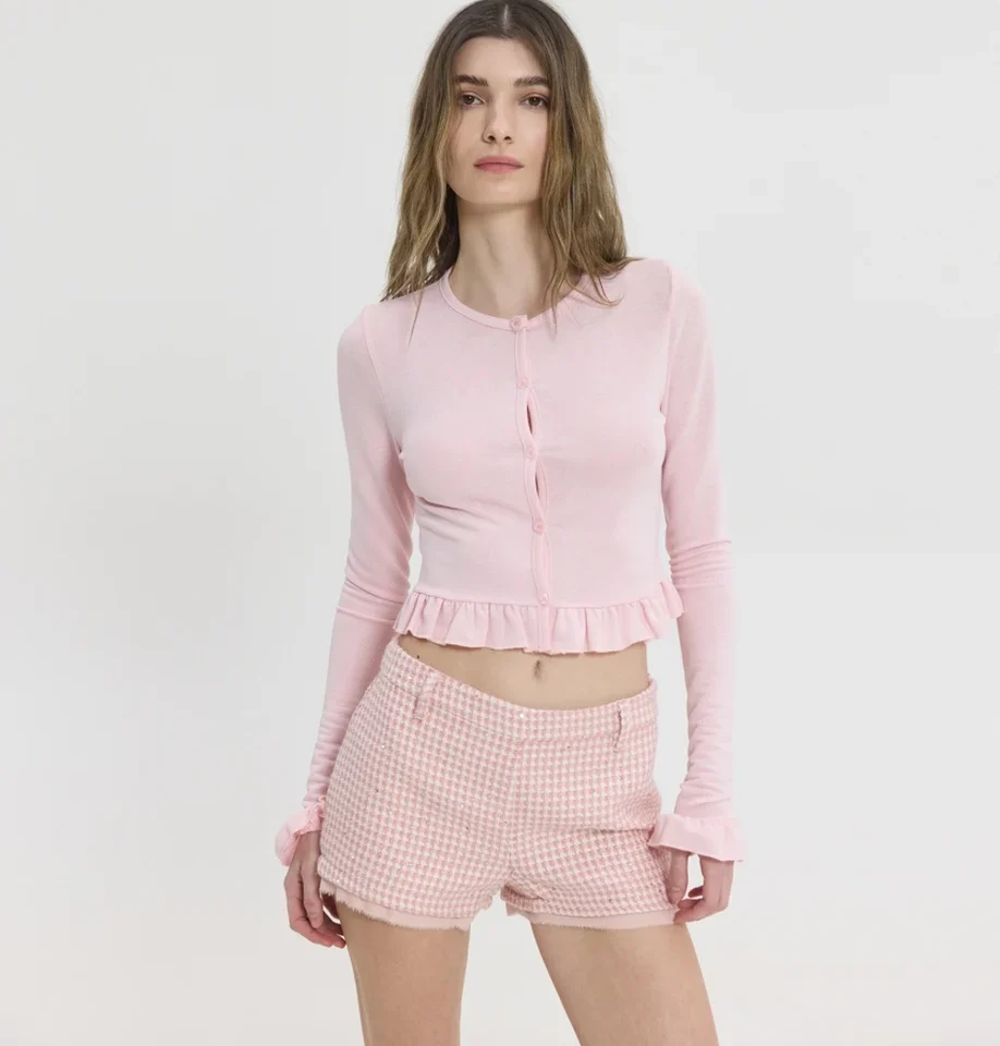 γυναικείο ροζ ζακετάκι sunsetgo violette cardi με ντελικάτα βολάν στα τελειώματα