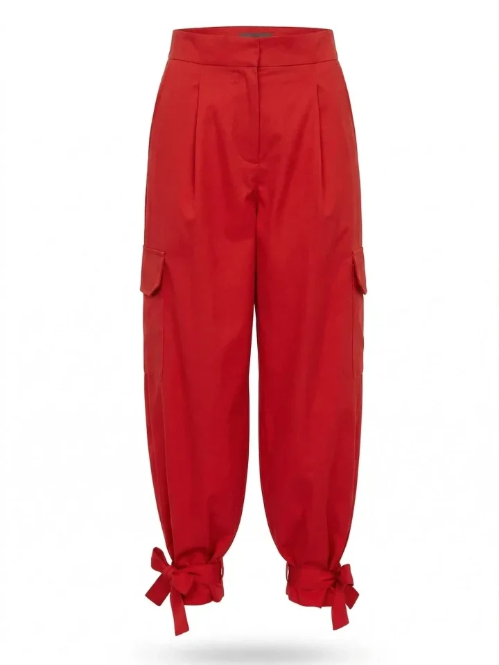 γυναικείο κόκκινο παντελόνι be a bee lindsay red cargo pants με ελαστική μέση, κορδόνι και πλαϊνές τσέπες